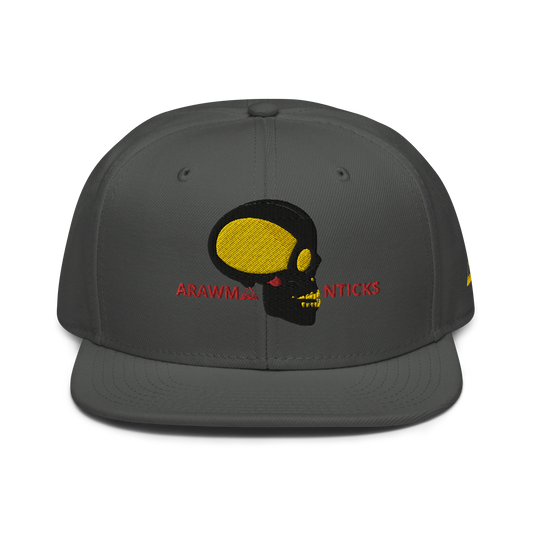 Charcoal Grey Snapback Hat with Black and Gold Skull Embroidery - ARAWMANTICKS Front Mockup