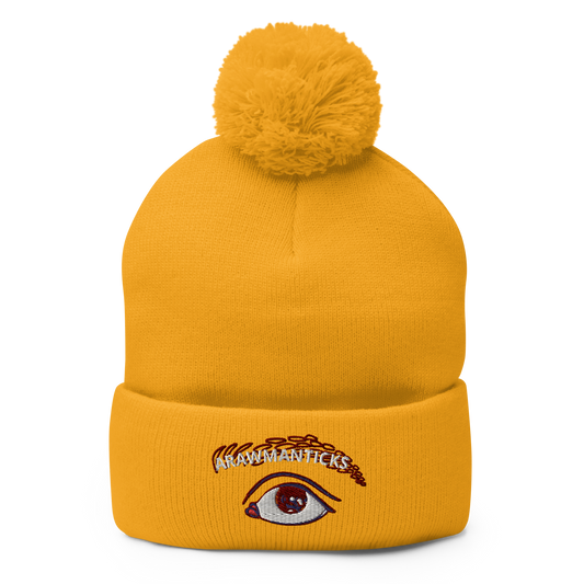 Gold Pom-Pom Beanie with Eye Embroidery - ARAWMANTICKS Front Mockup