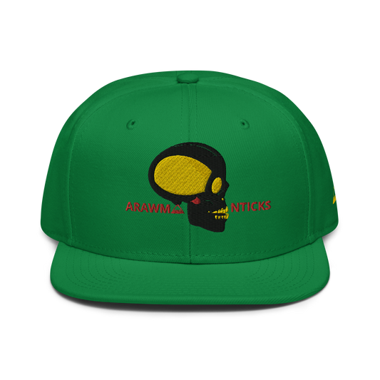 Green Snapback Hat with Black and Gold Skull Embroidery - ARAWMANTICKS Front Mockup