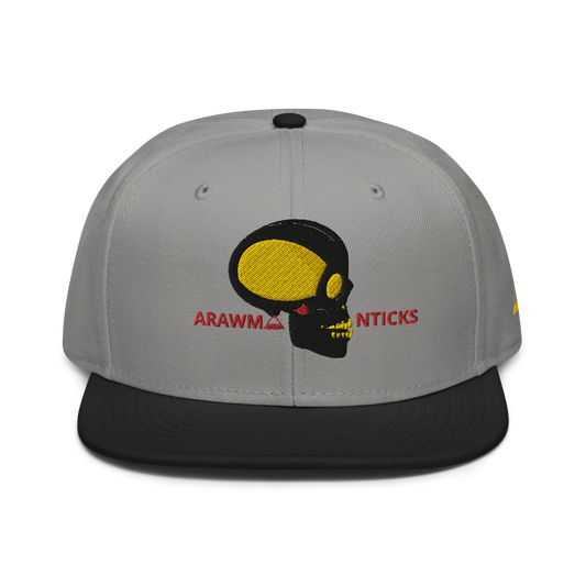 Grey and Black Snapback Hat with Black and Gold Skull Embroidery - ARAWMANTICKS Front Mockup