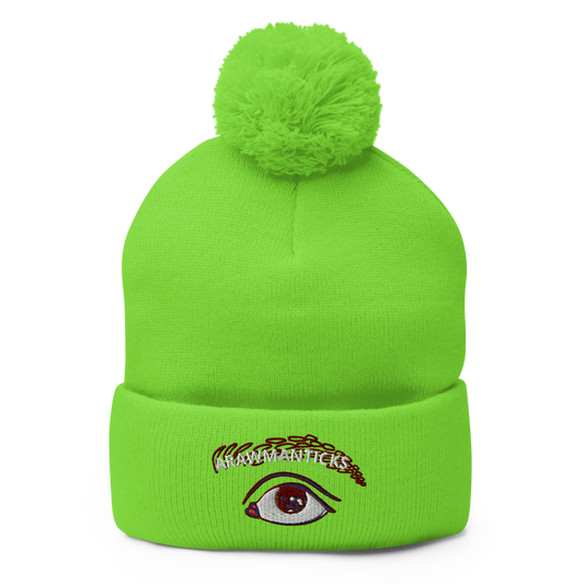 Neon Green Pom-Pom Beanie with Eye Embroidery - ARAWMANTICKS Front Mockup