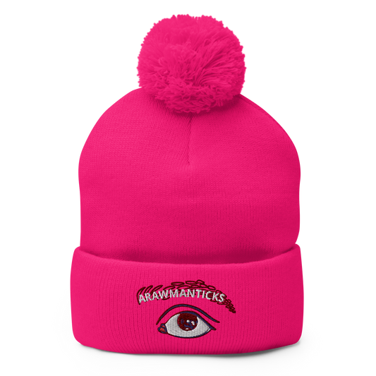 Neon Pink Beanie with Eye Embroidery - ARAWMANTICKS Front Mockup