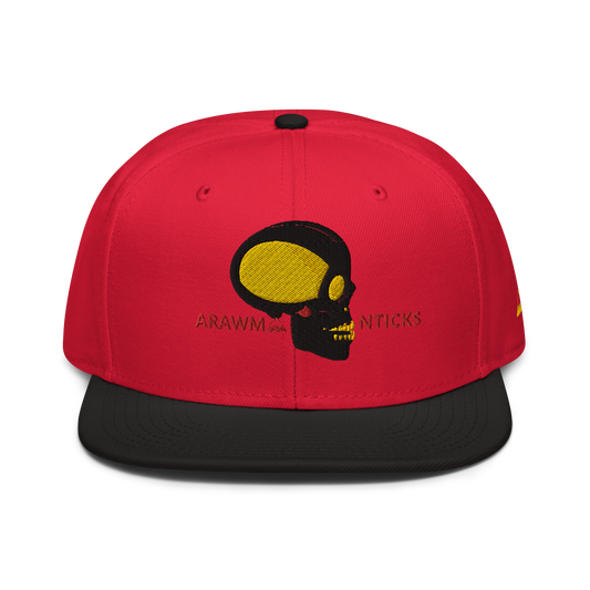 Red and Black Snapback Hat with Black and Gold Skull Embroidery - ARAWMANTICKS Front Mockup