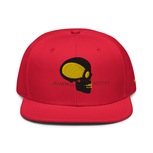 Red Snapback Hat with Black and Gold Skull Embroidery - ARAWMANTICKS Front Mockup