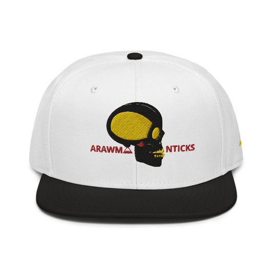 White and Black Snapback Hat with Black and Gold Skull Embroidery - ARAWMANTICKS Front Mockup